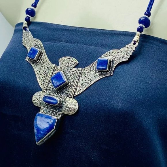 Lapis Lazui Nepalese Triangular Pendant Necklace, Lapis Lazuli Necklace - Picture 3 of 8